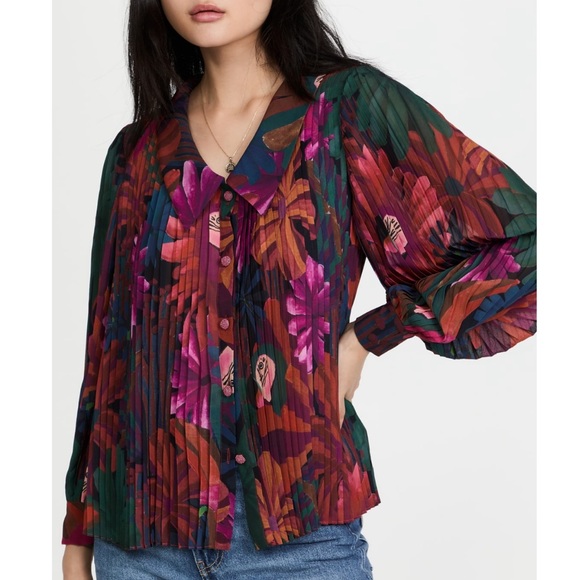 Farm Rio Bird Flowers Pleated Long Sleeve Babydoll Collared Blouse - Picture 1 of 12